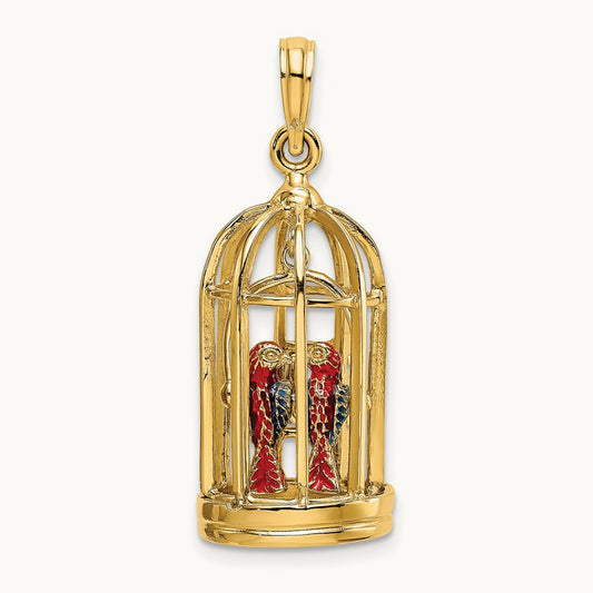 w/ Enamel 3-D Bird Cage w/ 2 Birds and Doors Open Charm, 14K