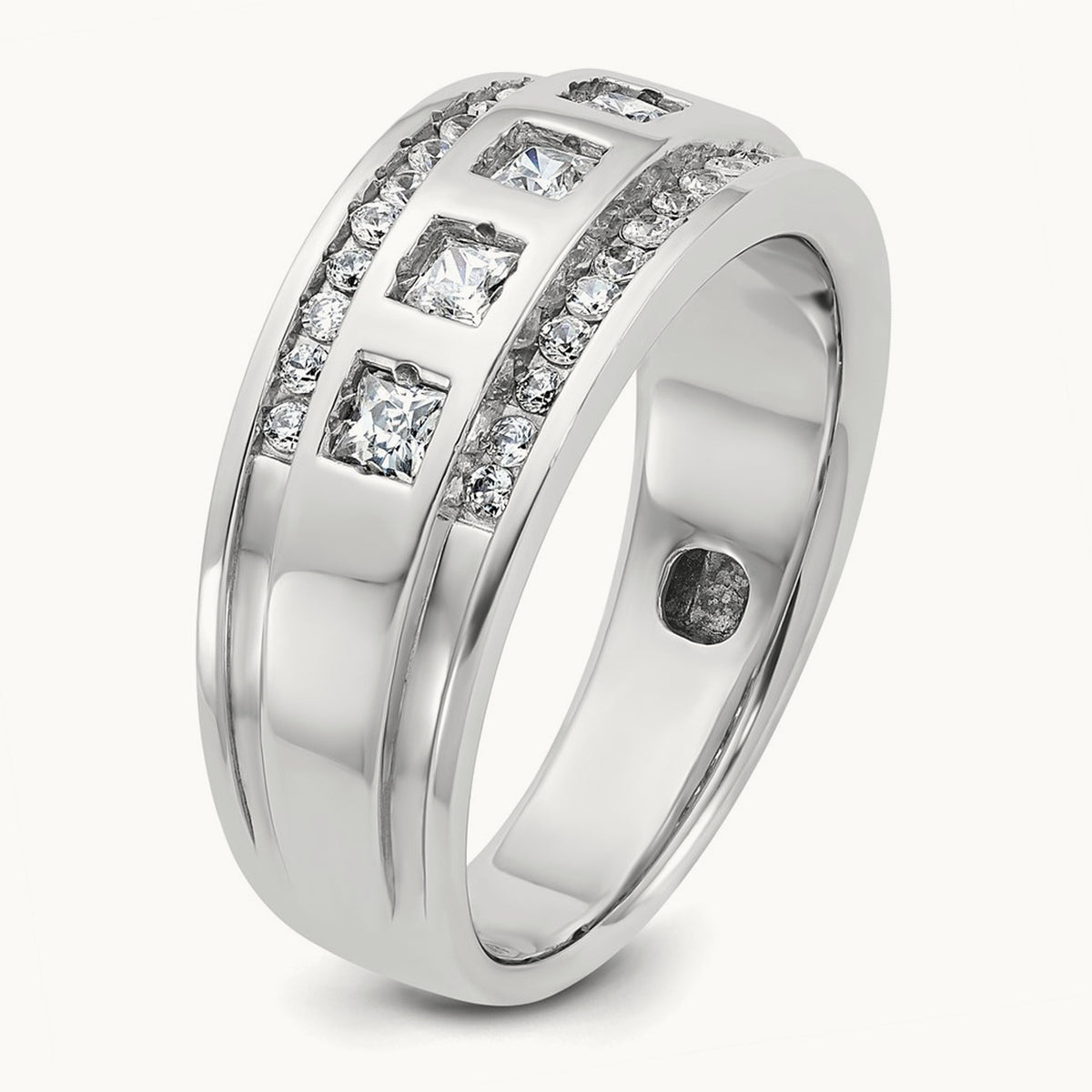 IBGoodman Men's Polish/Grooved Square Diamond 5-Stone Ring, 14K White Gold