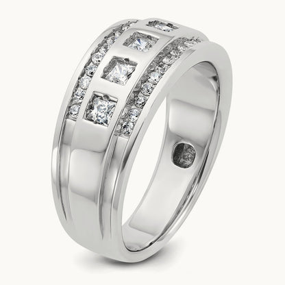 IBGoodman Men's Polish/Grooved Square Diamond 5-Stone Ring, 14K White Gold