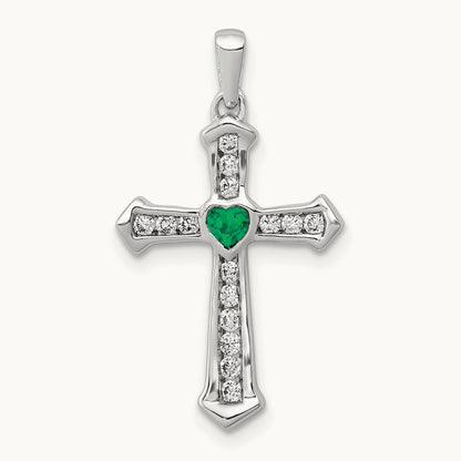 Created Emerald Cross Pendant, 0.20 ct tw Lab-Grown Diamond