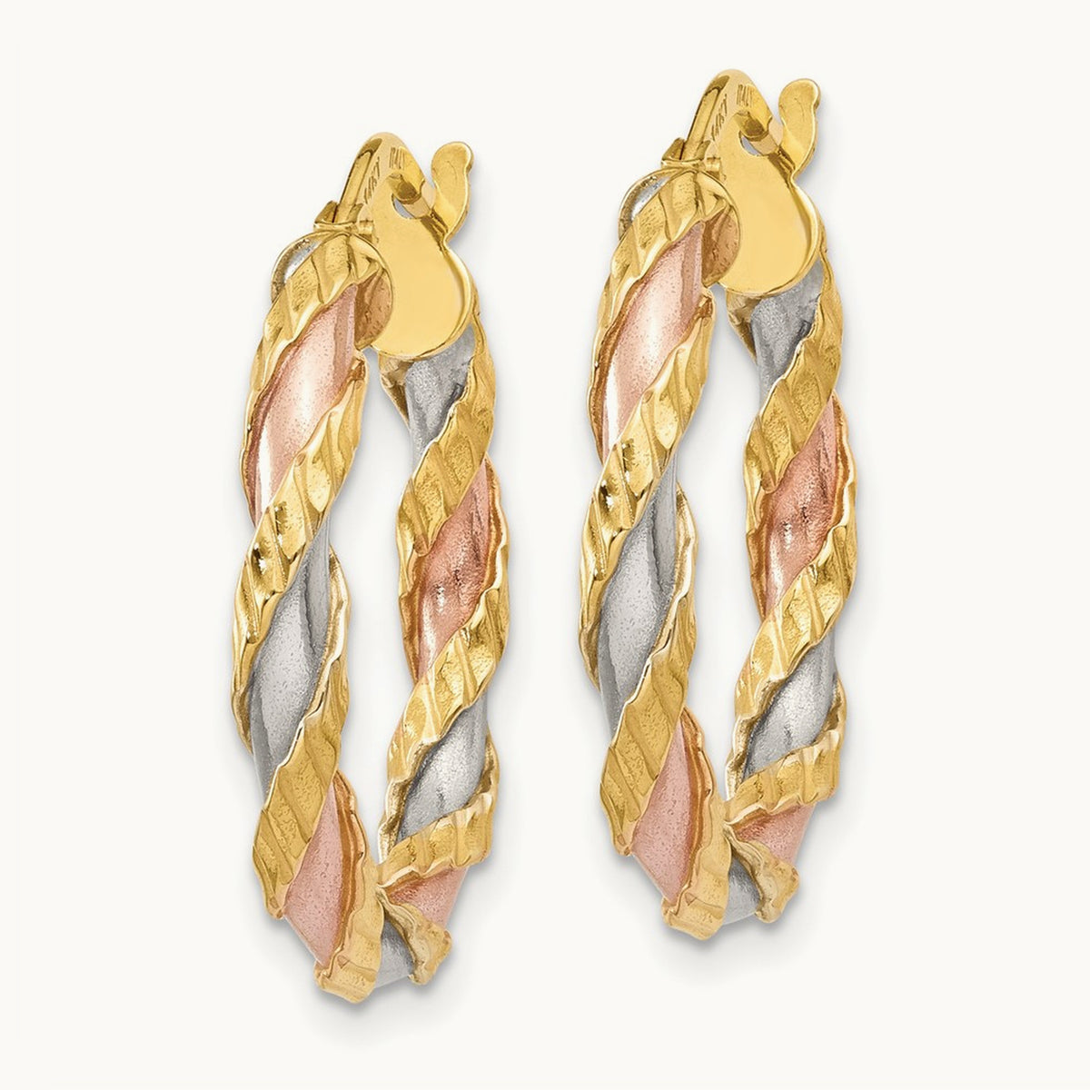 & Rose Rhodium Textured Twisted Hoop Earrings, 14K with White