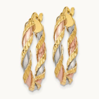 & Rose Rhodium Textured Twisted Hoop Earrings, 14K with White
