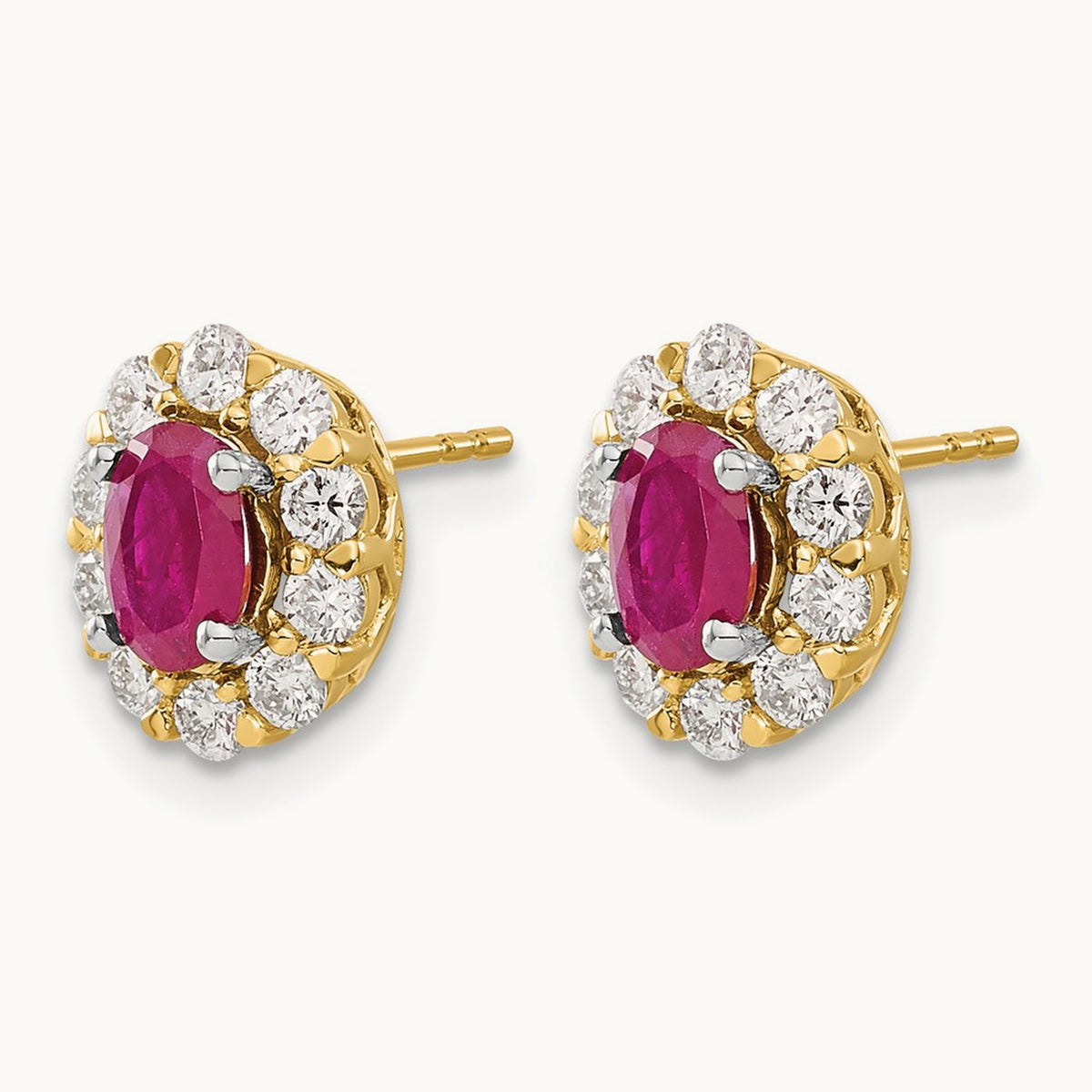 Oval Ruby and Diamond Halo Post Earrings, 14K