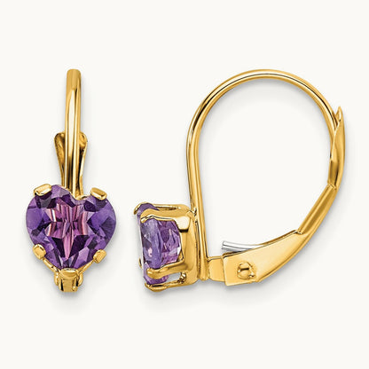 Heart Amethyst Leverback Earrings — 14K Yellow Gold