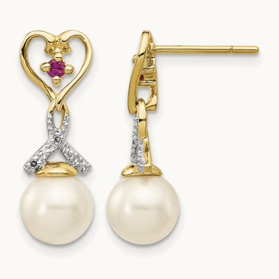 7- FWC Pearl Created Ruby Diamond Heart Dangle Earrings, 8mm, 14K