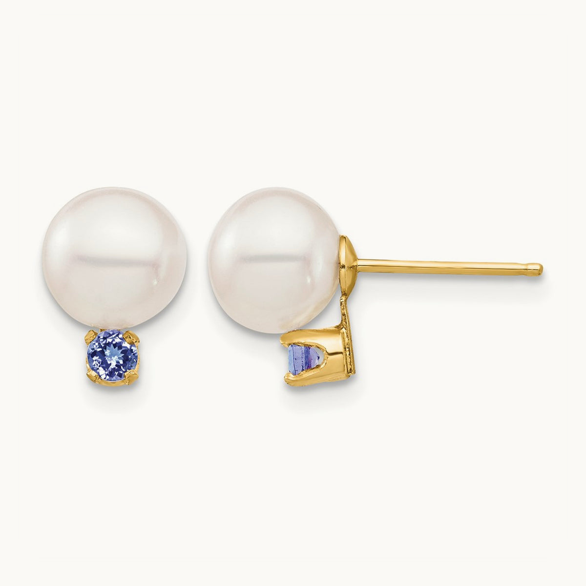 7- White Round Freshwater Cultured Pearl Tanzanite Post Earrings, 7.5mm, 14K