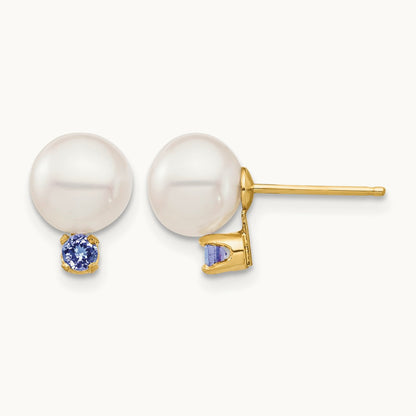 7- White Round Freshwater Cultured Pearl Tanzanite Post Earrings, 7.5mm, 14K