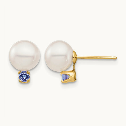 7- White Round Freshwater Cultured Pearl Tanzanite Post Earrings, 7.5mm, 14K