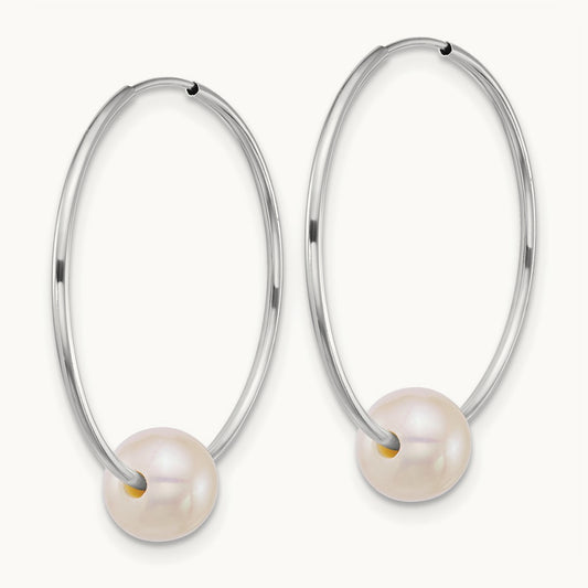 WG 6- Semi-Round Freshwater Cultured Pearl Hoop Earrings, 7mm, 14K