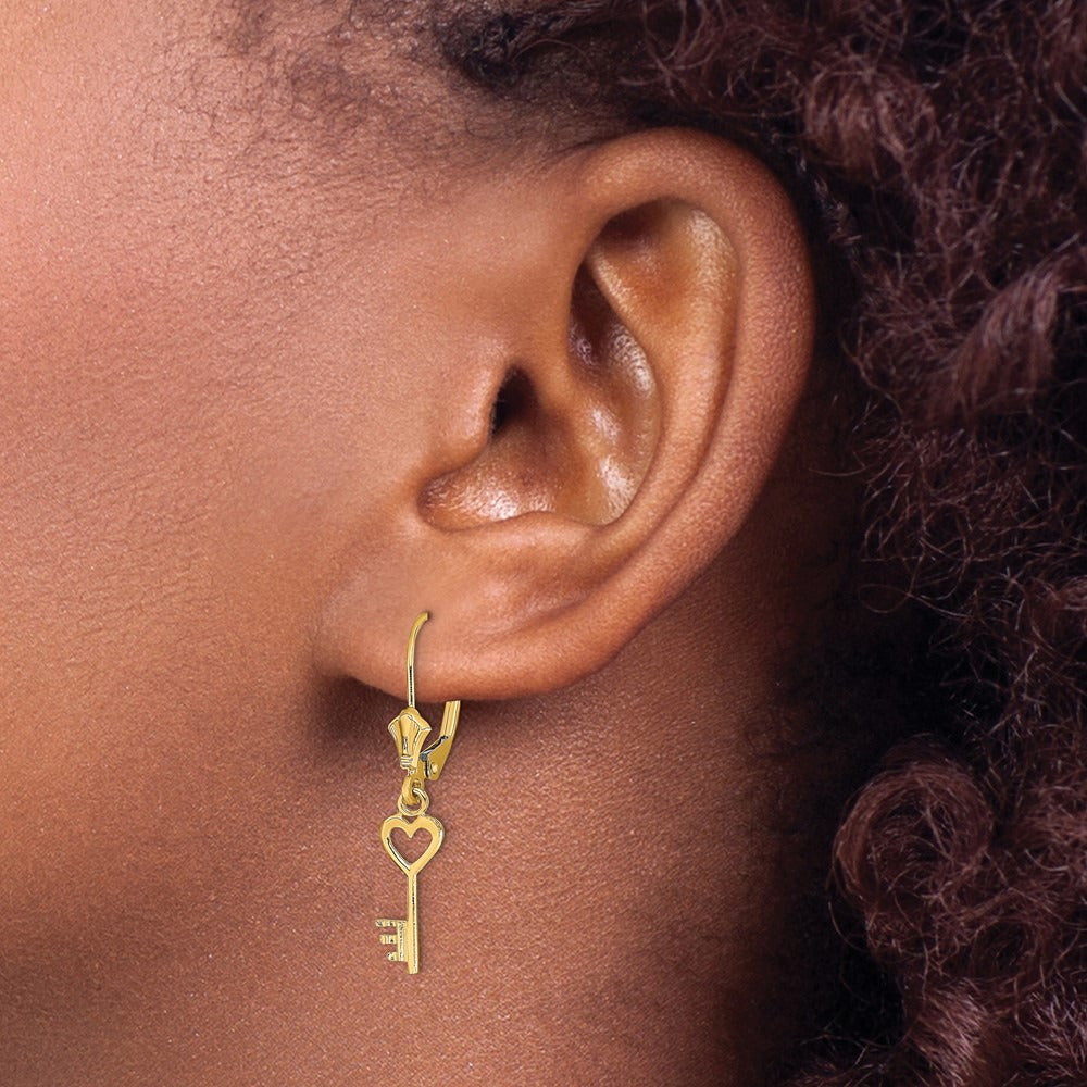 Polished Heart Key Leverback Earrings — 14K Yellow Gold