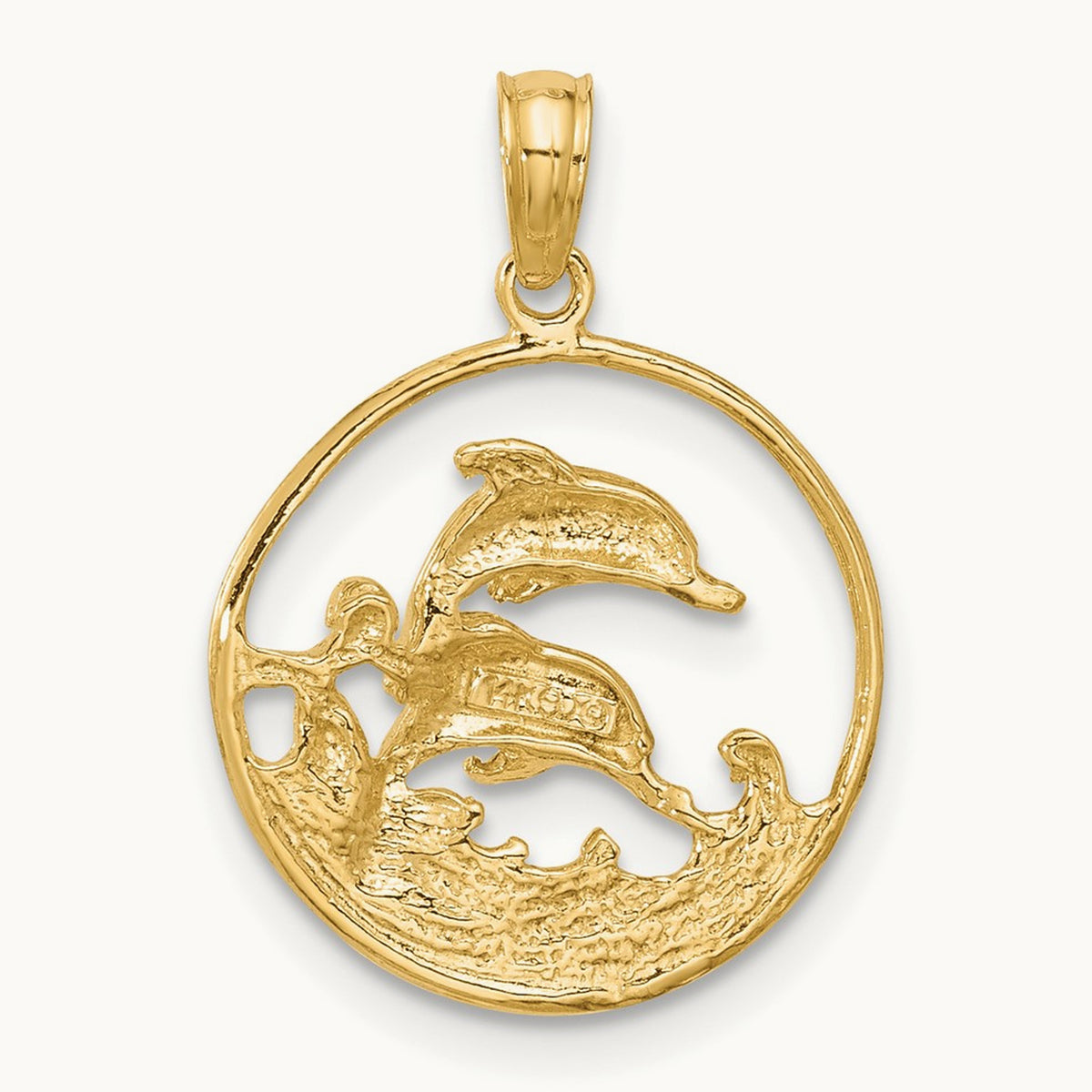 Double Dolphin Circle Pendant — 14K Yellow Gold