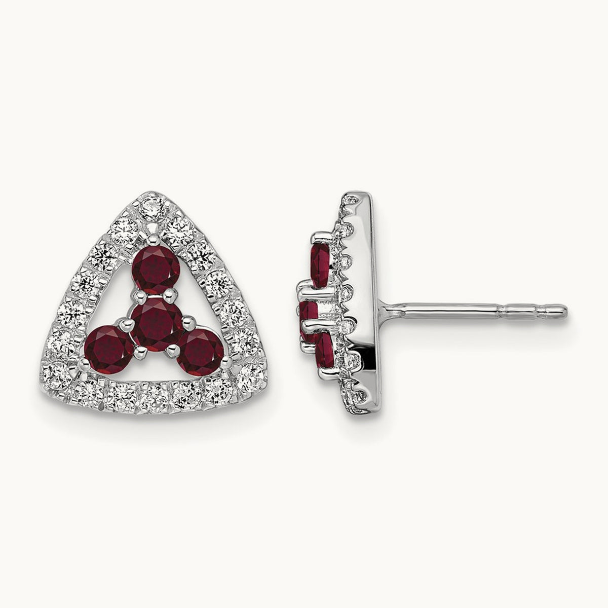 Created Ruby Triangle Post Earrings, 0.25 ct tw Lab-Grown Diamond — 14K White Gold