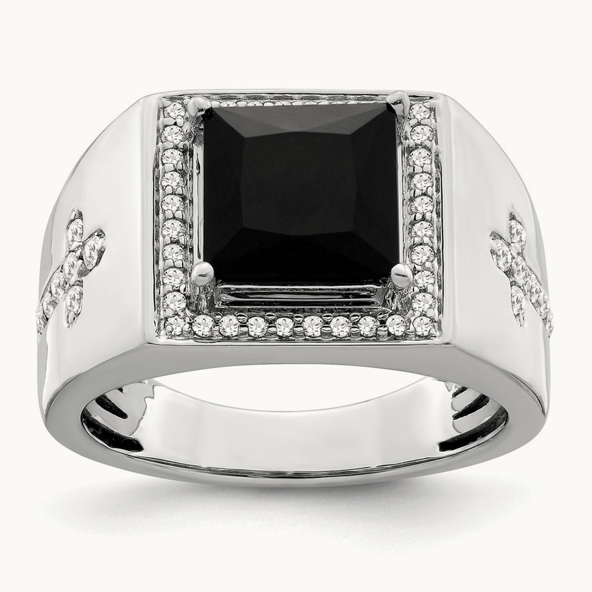 Onyx and Diamond Cross Men's Ring — 14K White Gold, 10