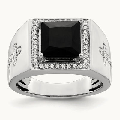 Onyx and Diamond Cross Men's Ring — 14K White Gold