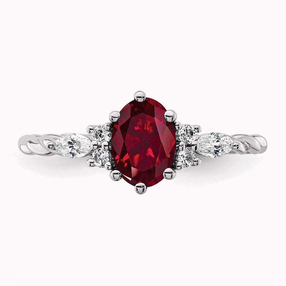 Polished Diamond and Lab Created Ruby Twisted Ring — 14K White Gold
