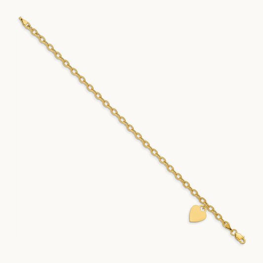 Dangle Heart Bracelet -Hollow Chain Solid Heart, 14K