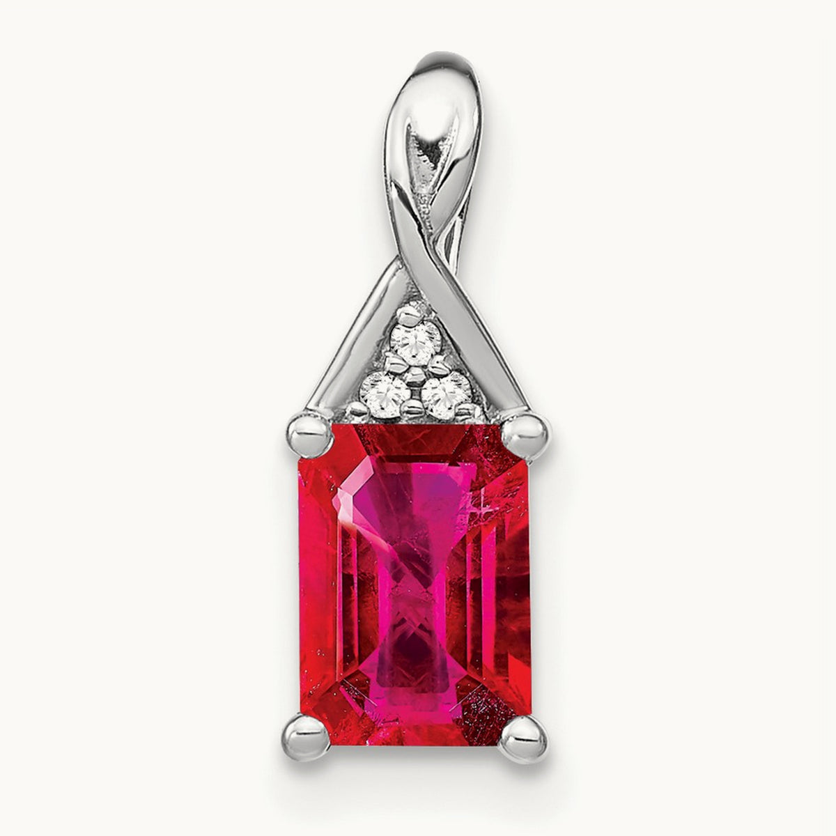 Emerald-shape Ruby and Diamond Pendant — 14K White Gold, 15.75mm