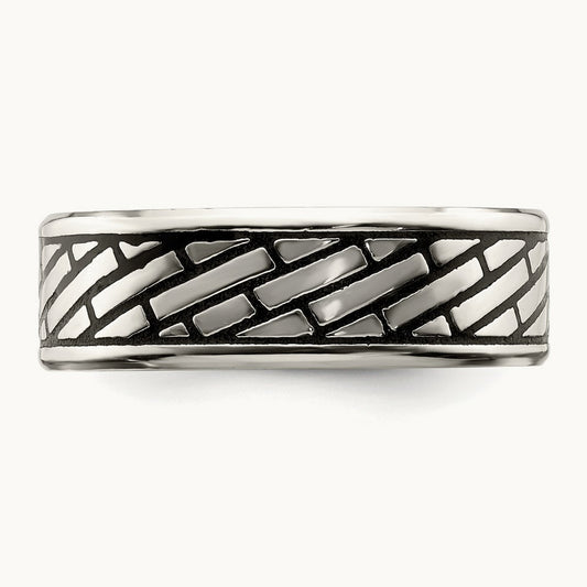 Antiqued and Polished Brick Pattern Band, 7.5mm, Stainless Steel