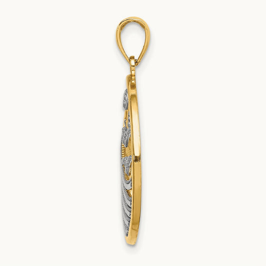 w/Rhodium Sunset and Seagulls In Circle Pendant, 14K