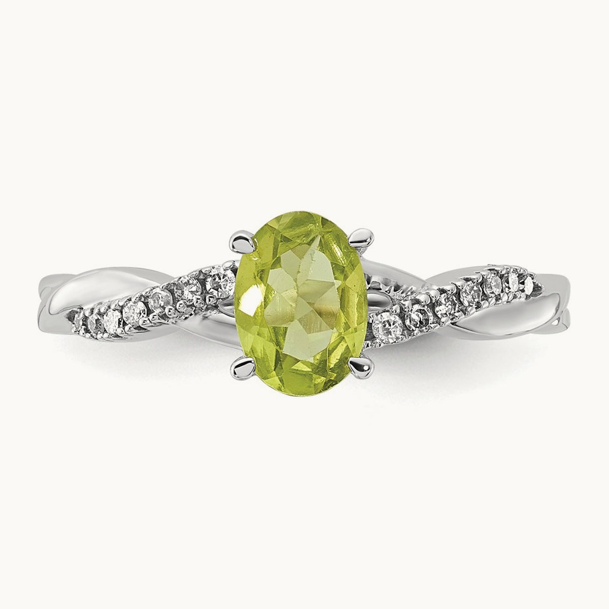 Oval Peridot and Diamond Ring — 14K White Gold, 7