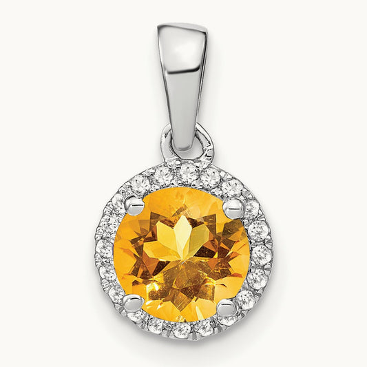 Citrine and Diamond Halo Pendant, 14K White Gold
