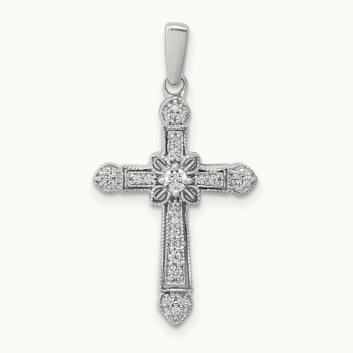 1/6ct. Diamond Filigree Cross Pendant — 14K White Gold, 28mm