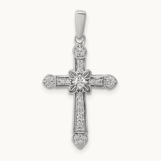 1/6ct. Diamond Filigree Cross Pendant — 14K White Gold, 28mm