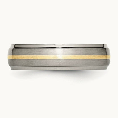 Brushed Center w/14k Yellow Inlay Ridged Edge Band, 6mm, Titanium