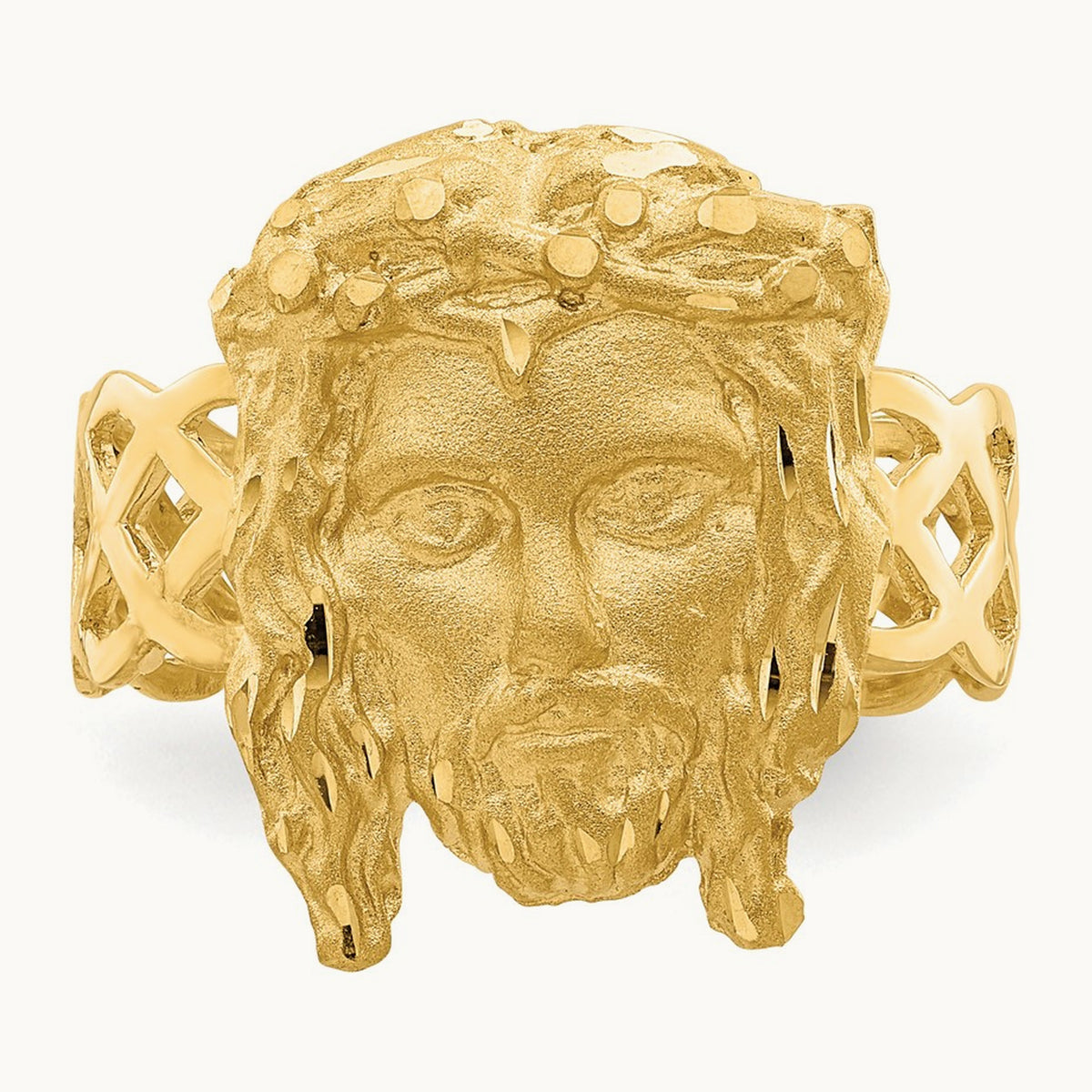 Brushed & Polished D/C Jesus Head Ring, 14K