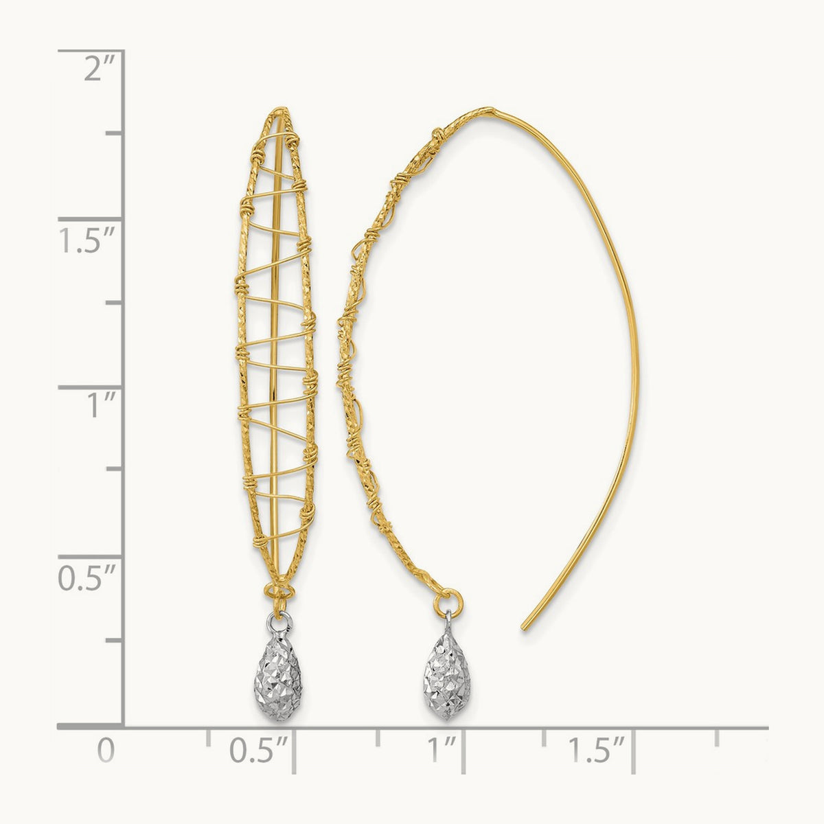 Polished Wire Wrapped Diamond Cut Wire Dangle Earrings, 14K Two-tone