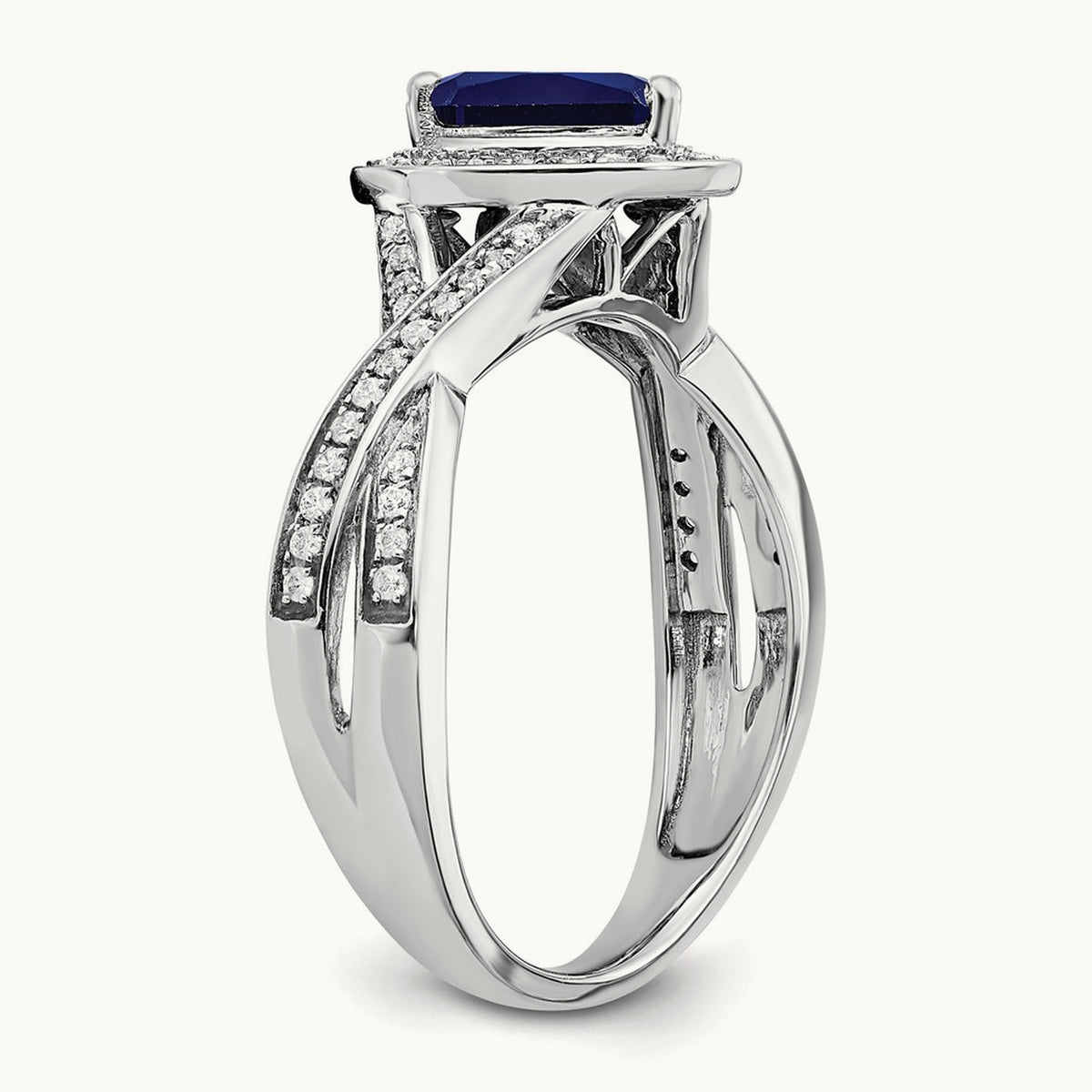 Pear Created Sapphire and Diamond Halo Ring, 14K White Gold