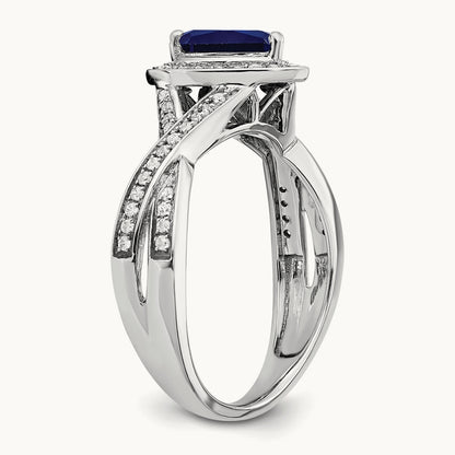 Pear Created Sapphire and Diamond Halo Ring, 14K White Gold