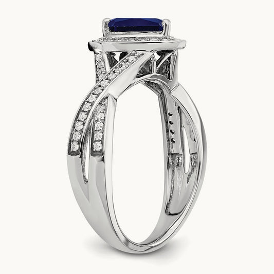 Pear Created Sapphire and Diamond Halo Ring, 14K White Gold