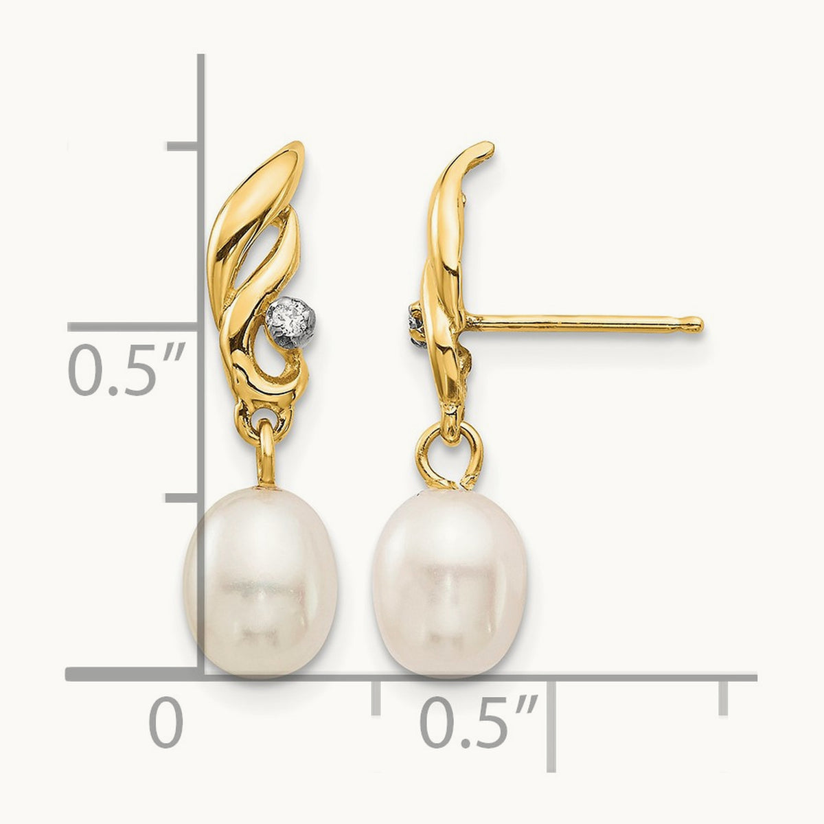 5- White Rice FW Cultured Pearl .02ct Diamond Dangle Earrings, 6mm, 14K