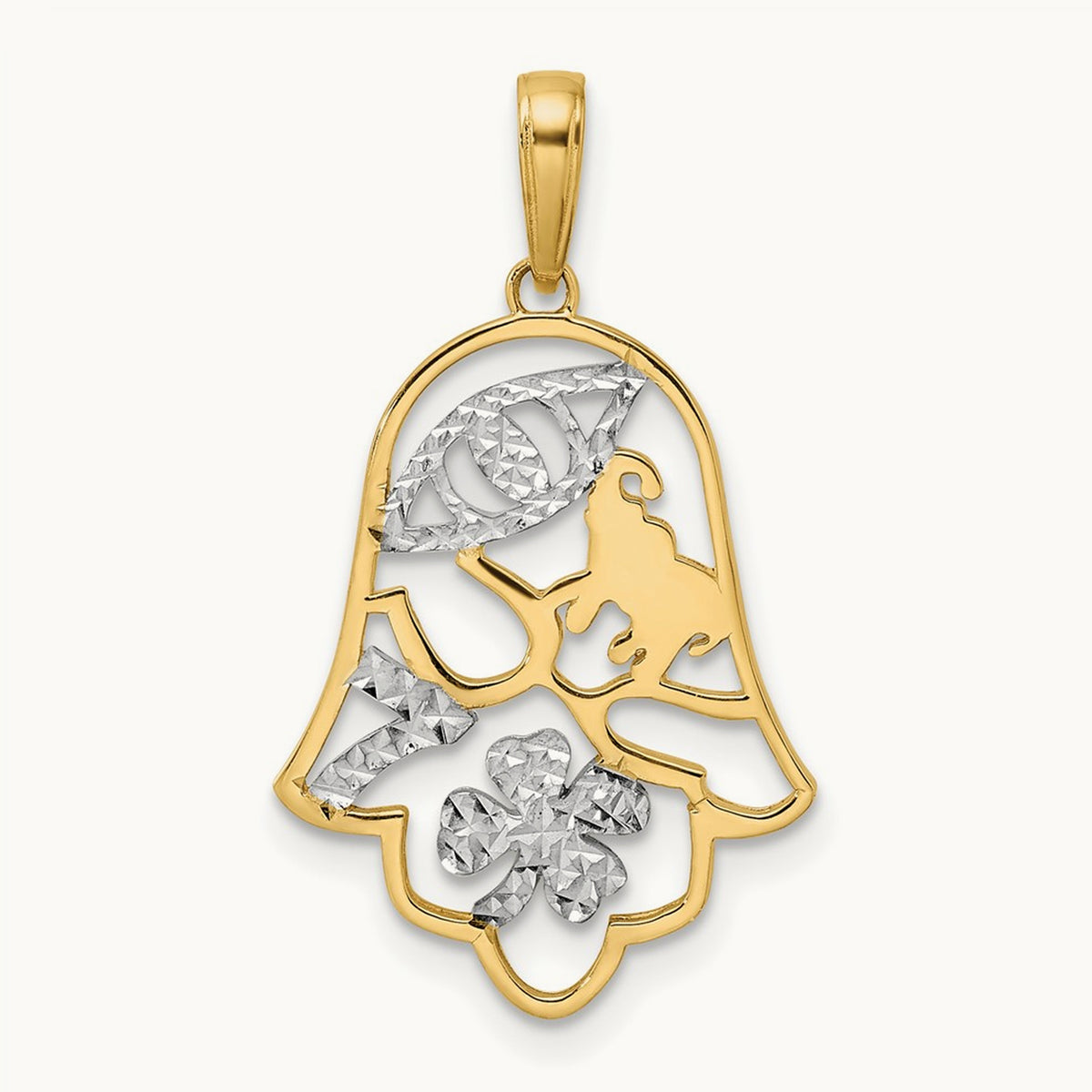 & White Rhodium D/C Good Luck Symbols on Hamsa Pendant, 14K