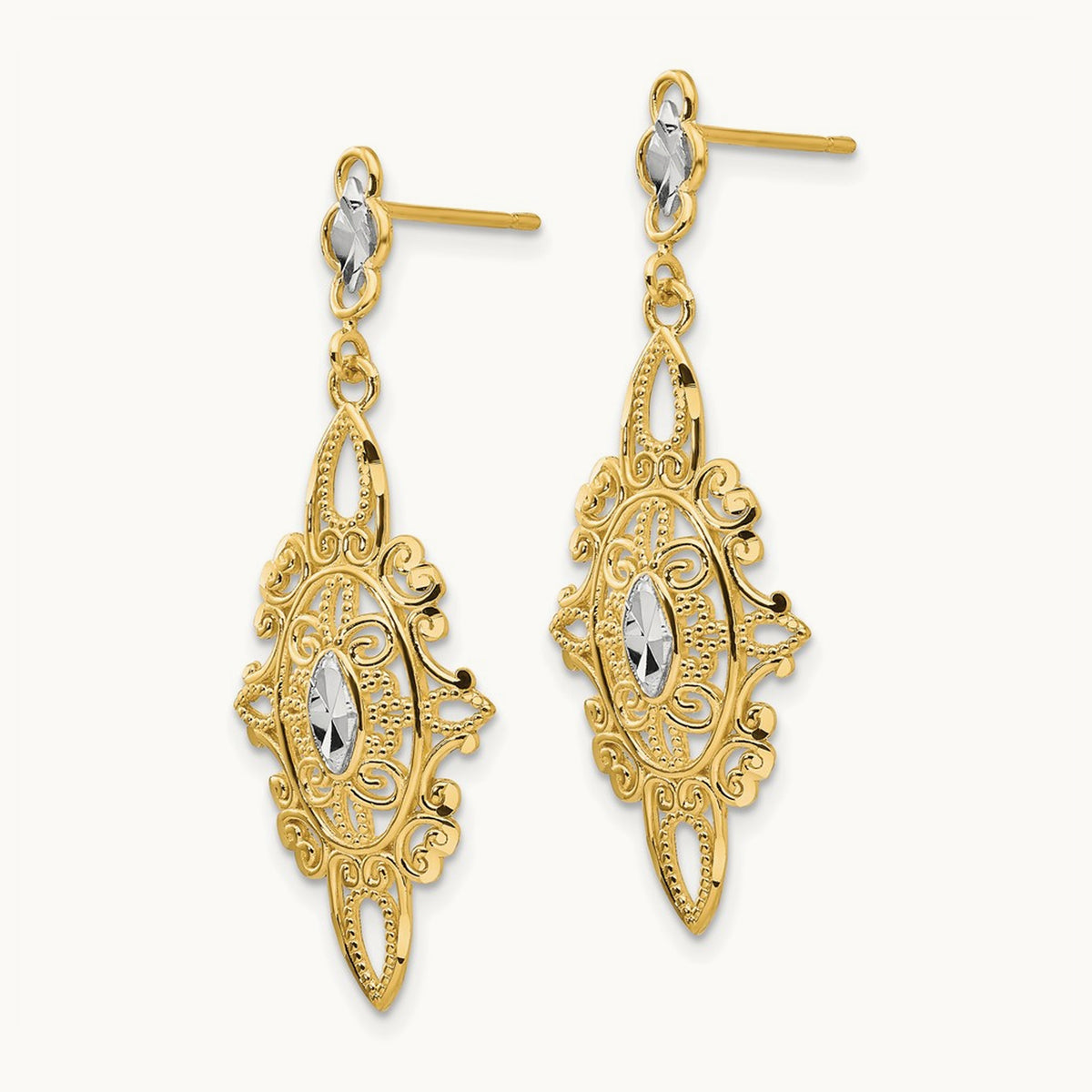 Diamond-cut Filigree Earrings — 14K Two-Tone Gold
