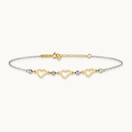 Oval Link Diamond-cut Beads and Heart 9in Plus 1in Ext Anklet, 14K Two-tone
