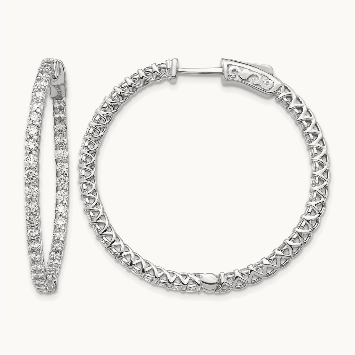 Diamond Round Hoop w/Safety Clasp Earrings, 14K White Gold