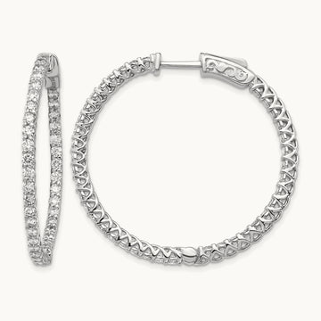 Diamond Round Hoop w/Safety Clasp Earrings, 14K White Gold
