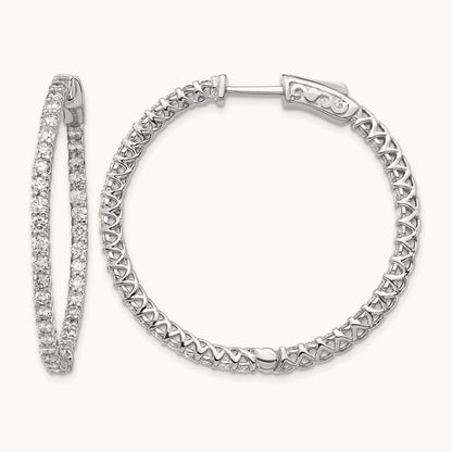 Diamond Round Hoop w/Safety Clasp Earrings, 14K White Gold
