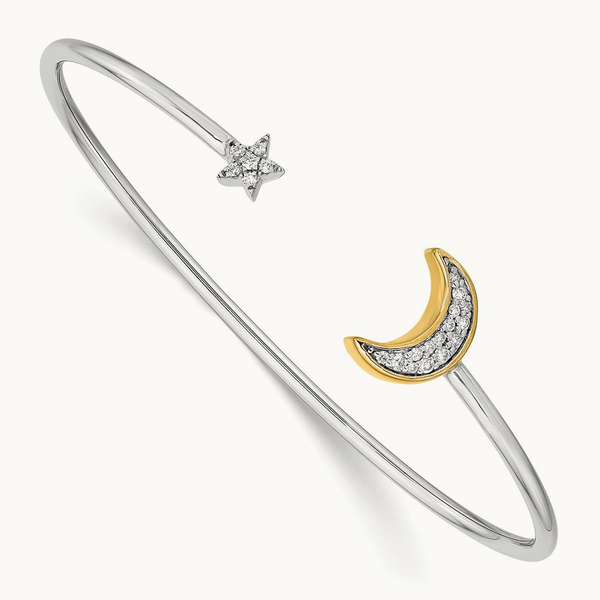Moon w/Star Diamond Cuff Bangle, 14K Two-tone