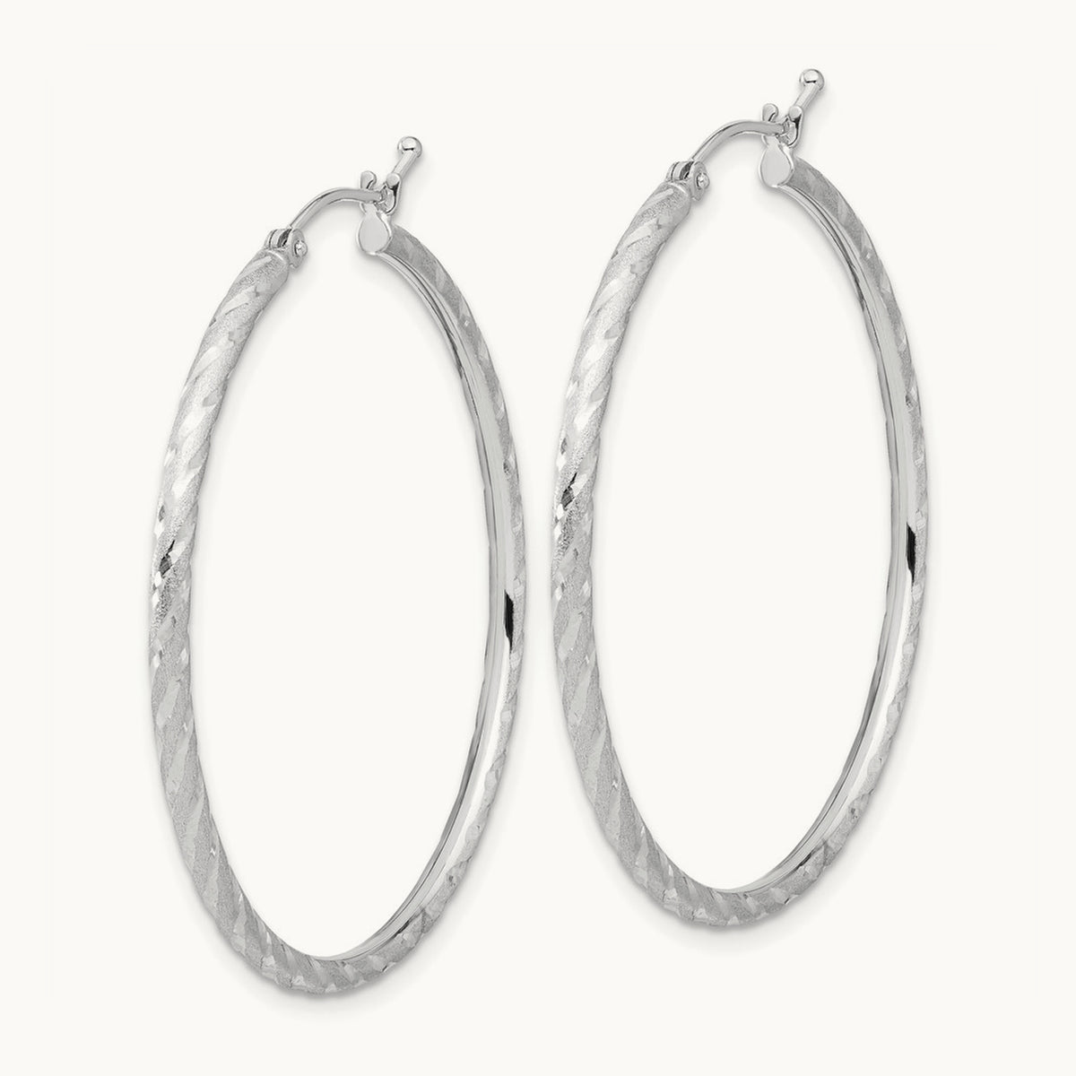 Polished and Satin Diamond-cut Hoop Earrings — 14K White Gold