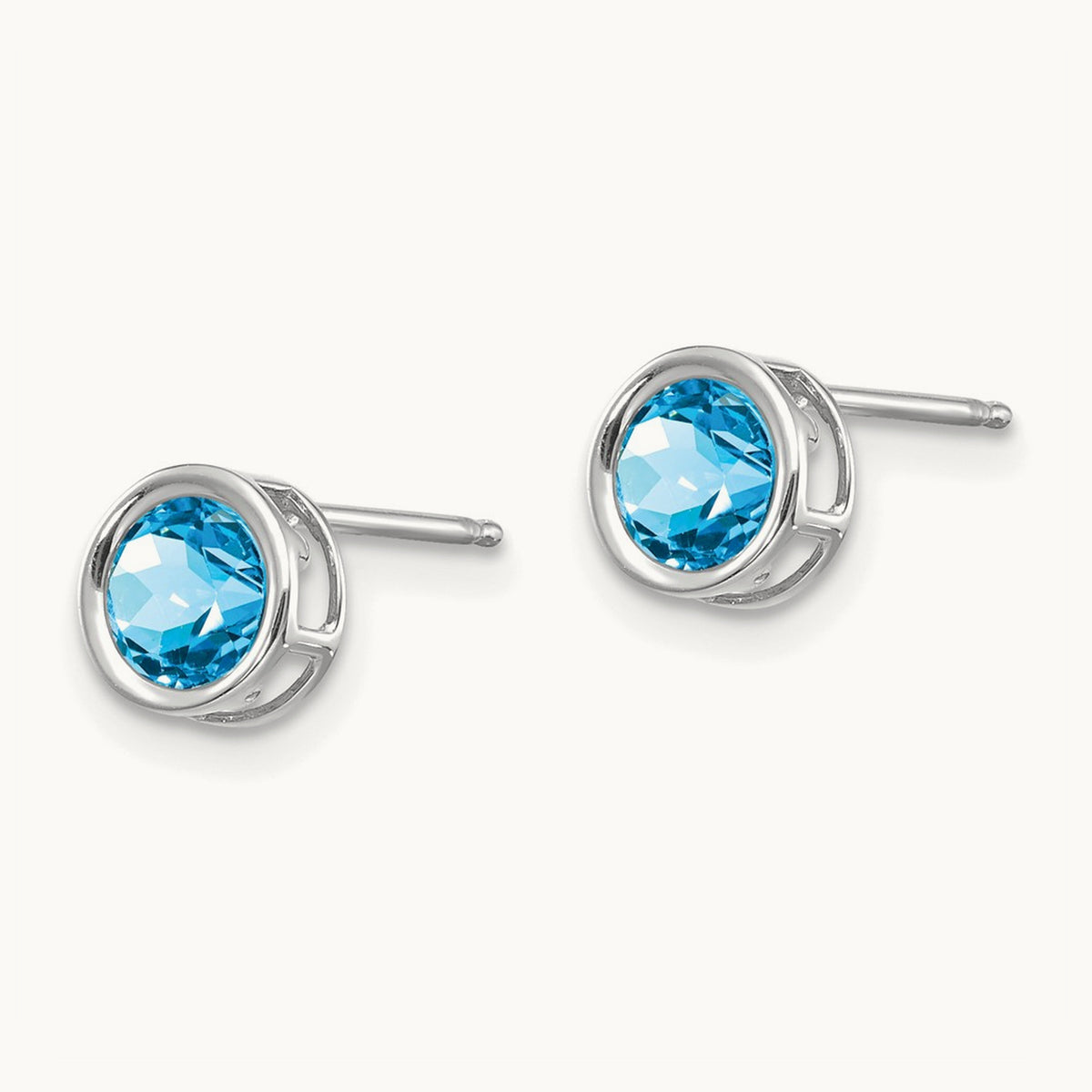 Bezel Blue Topaz Stud Earrings, 5mm, 14K White Gold