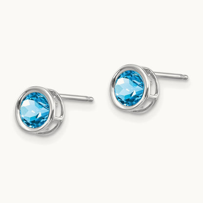 Bezel Blue Topaz Stud Earrings, 5mm, 14K White Gold