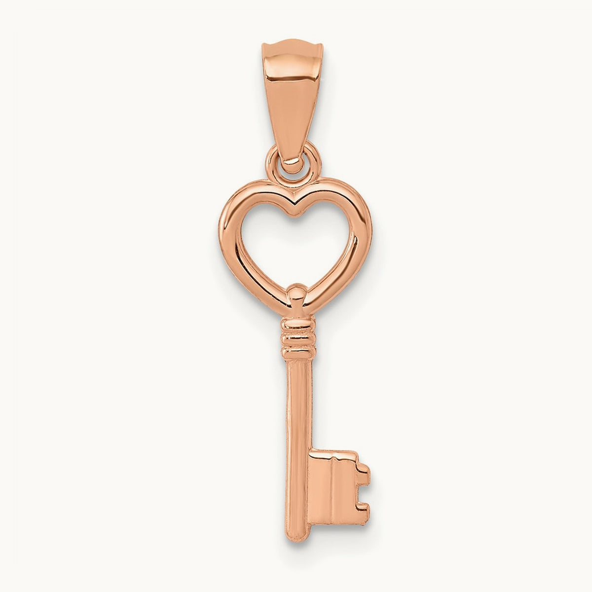 3D Polished Heart Key Charm, 14K Rose Gold