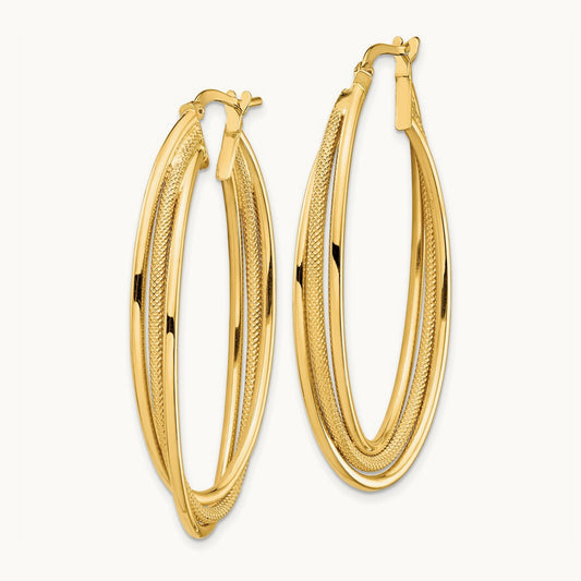 Polished and Textured Twisted Fancy Oval Hoop Earrings — 14K Yellow Gold