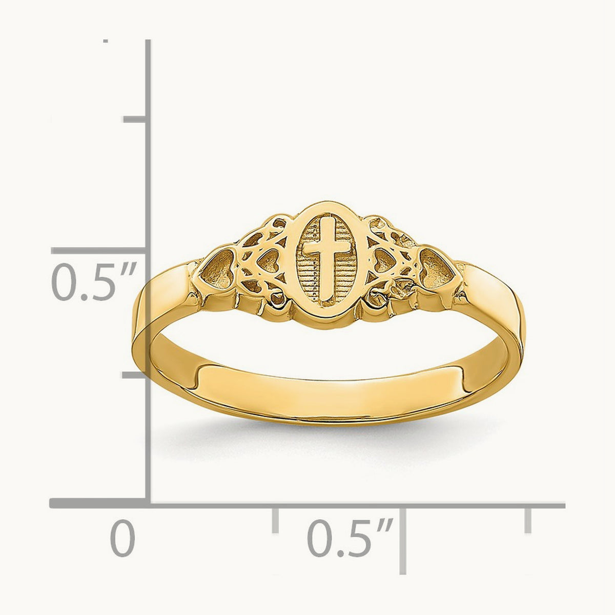 Cross Inside Oval W/Scroll and Heart Ring, 14K