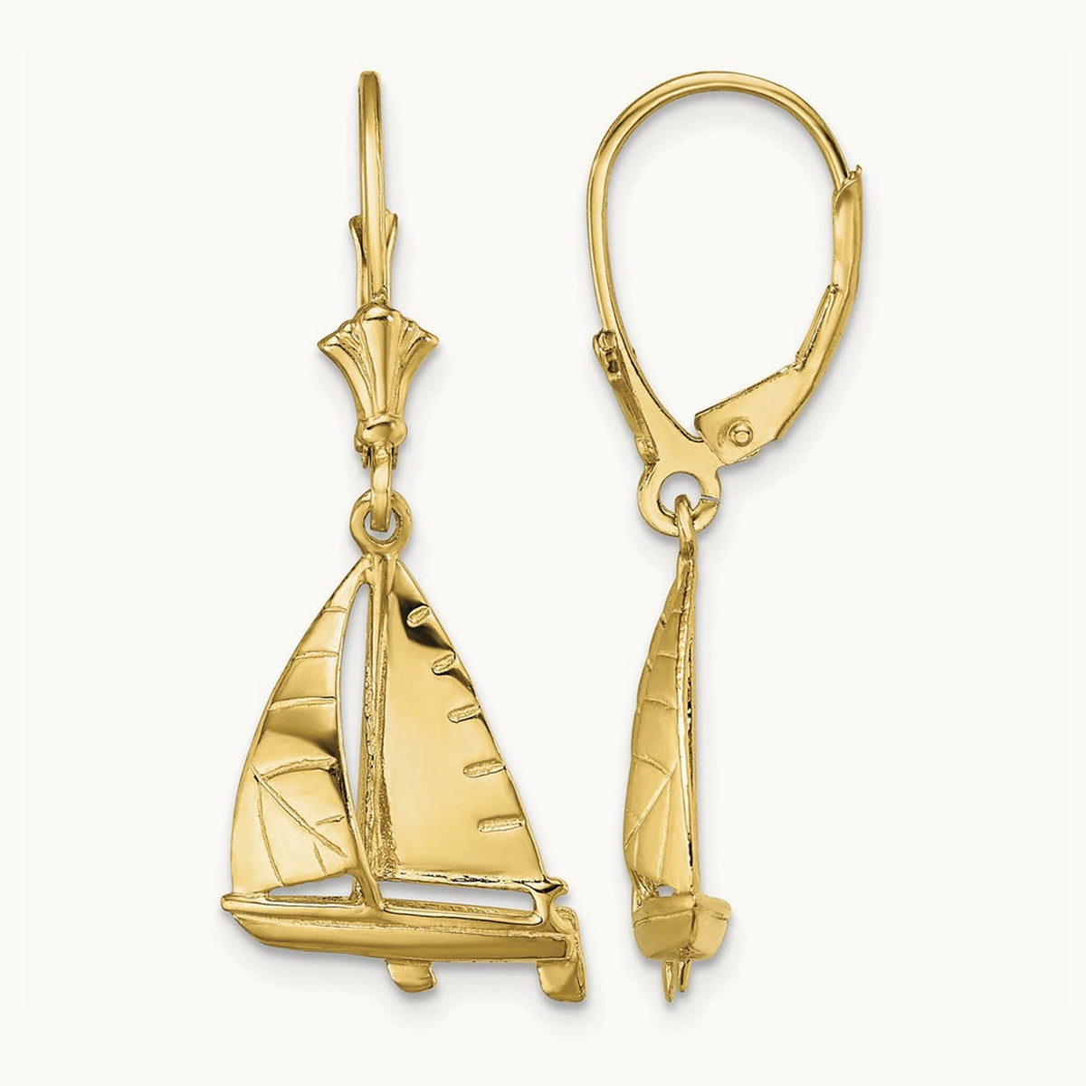 3-D Sailboat Leverback Earrings, 14K