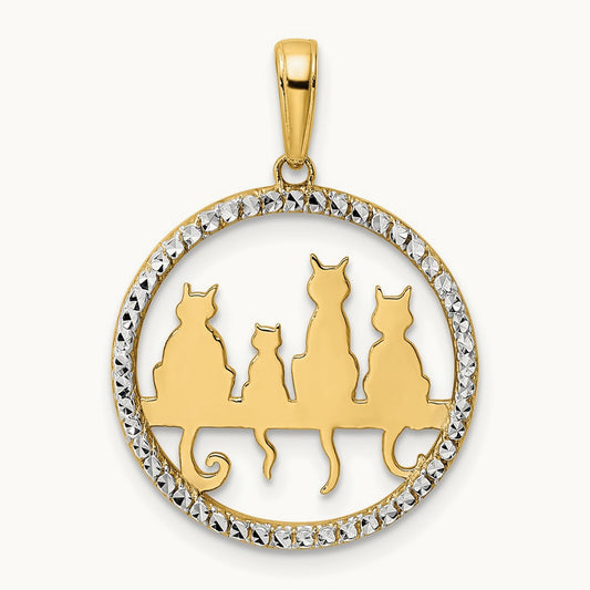 Diamond-cut Cats Sitting on Bench Pendant, 14K with White Rhodium