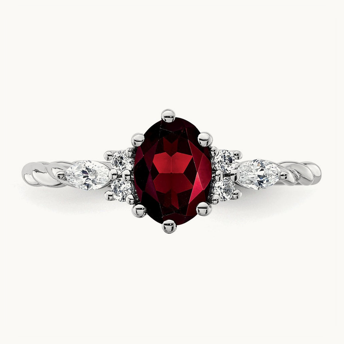 Polished Diamond and Garnet Twisted Ring, 14K White Gold
